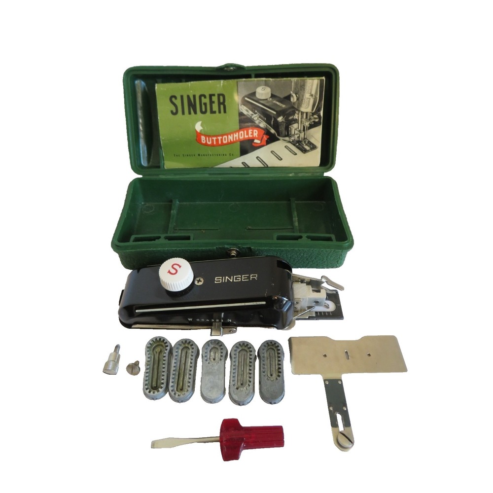 Vintage Singer Buttonholer 160506  w/5‎ Templates & Instructions Green Hard Case